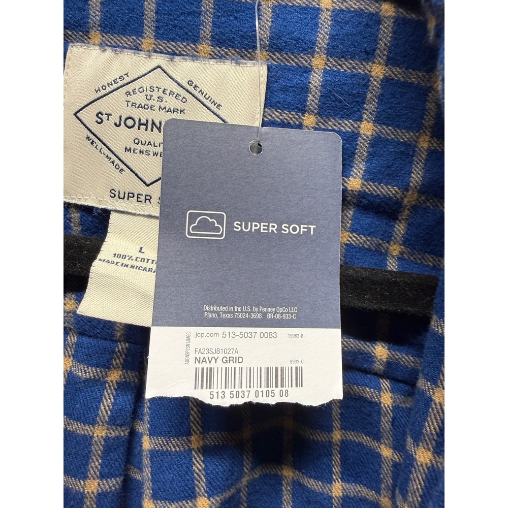 St Johns Bay Mens Super Soft Flannel Shirt Navy Blue Tan Grid FA23SJB1027A L - Picture 3 of 11